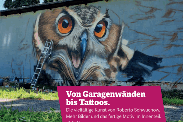Ein großes, detailliertes Eulen-Wandbild auf einer Garagenwand mit #WohnPost-Text und bunten Infokästen im Vordergrund.