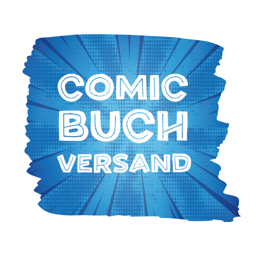 Blauer, geplatzter Hintergrund im Comic-Stil mit weißem Text: "Comic Buch Versand.".