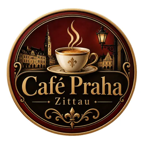 Rundes Logo für das Café Praha Zittau mit Kaffeetasse, Stadtansicht und kunstvollen Designelementen im Vintage-Stil.