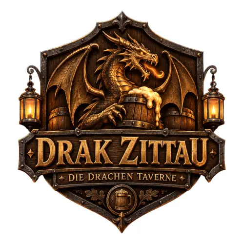 Ein goldener Drache, der einen Bierkrug in der Hand hält, auf einem Wirtshausschild mit der Aufschrift „Drak Zittau – Die Drachen-Taverne“.