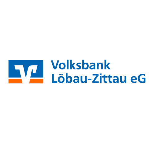 Logo der Volksbank Löbau-Zittau eG mit blauem Text und einem weiß-orangefarbenen Emblem auf der linken Seite.